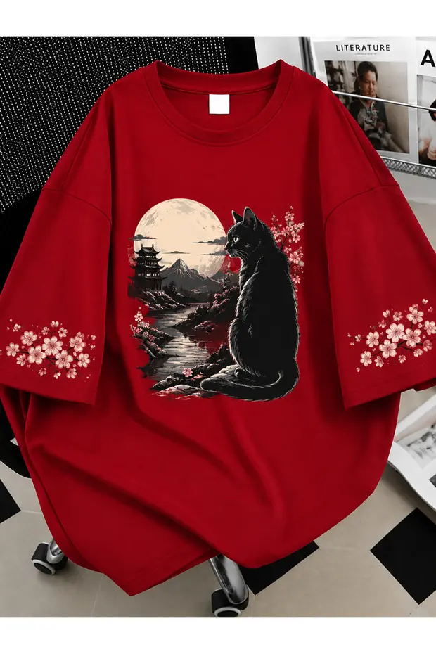 Kadın Black Cat Renkli Özel Baskılı Oversize Sıfır Yaka Penye T-Shirt